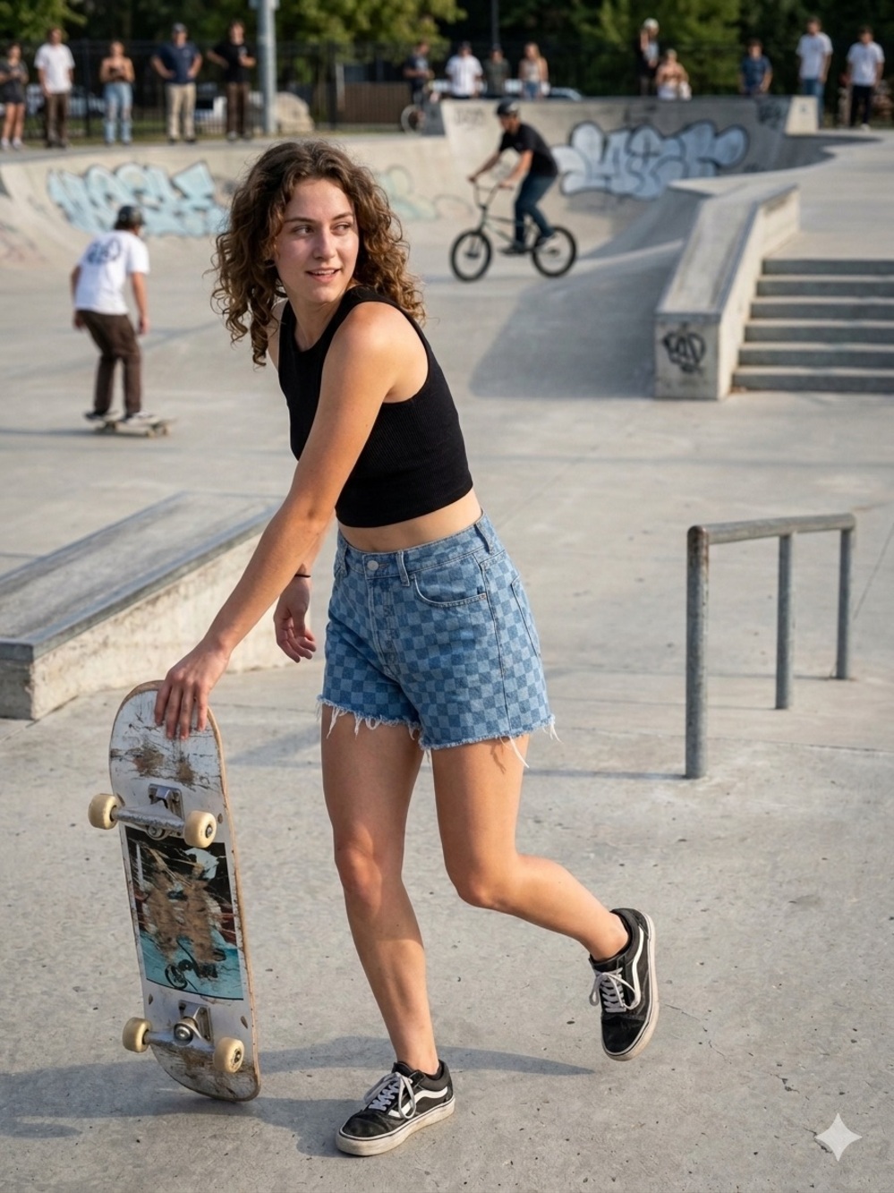 PacSun Checkerboard High-Rise Jean Shorts in Light Blue